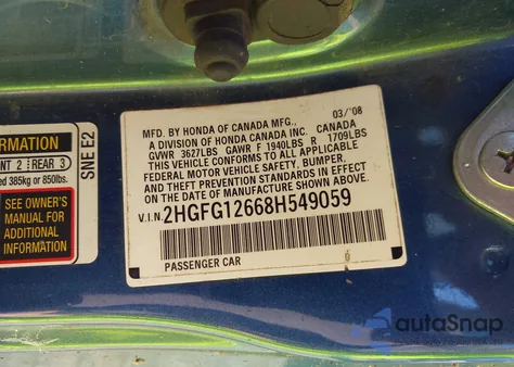2008 Honda Civic Lx z USA, uszkodzony, nr VIN 2HGFG12668H549059